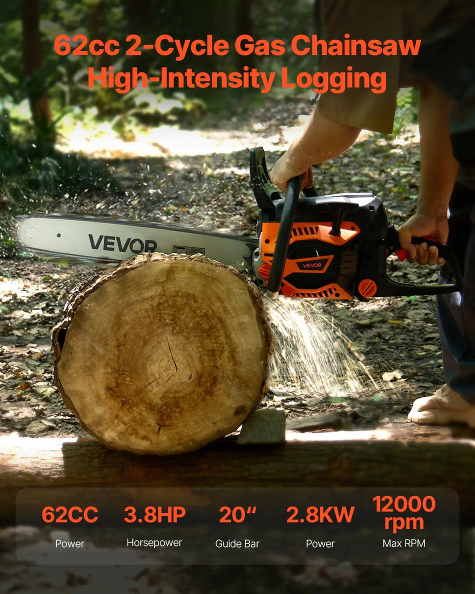 VEVOR 62cc Gas Chainsaw with 20" Guide Bar and 3.8 HP Engine (CN-62G)