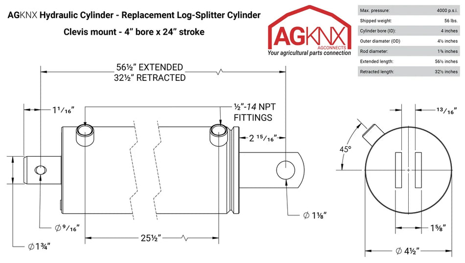 4" Bore × 24" Stroke Hydraulic Log Splitter Cylinder – OEM Replacement (31-111)