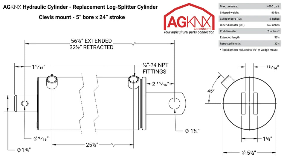 5" Bore × 24" Stroke Hydraulic Log Splitter Cylinder – OEM Replacement (31-113)