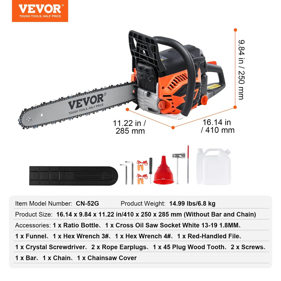 VEVOR 18" Gas Chainsaw with 52cc 2-Stroke Engine (CN-52G)