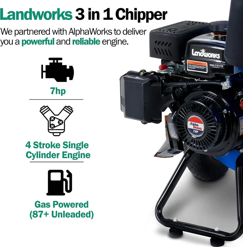 Landworks 7HP 3-in-1 Wood Chipper Shredder Mulcher – 3" Capacity (GUO009)