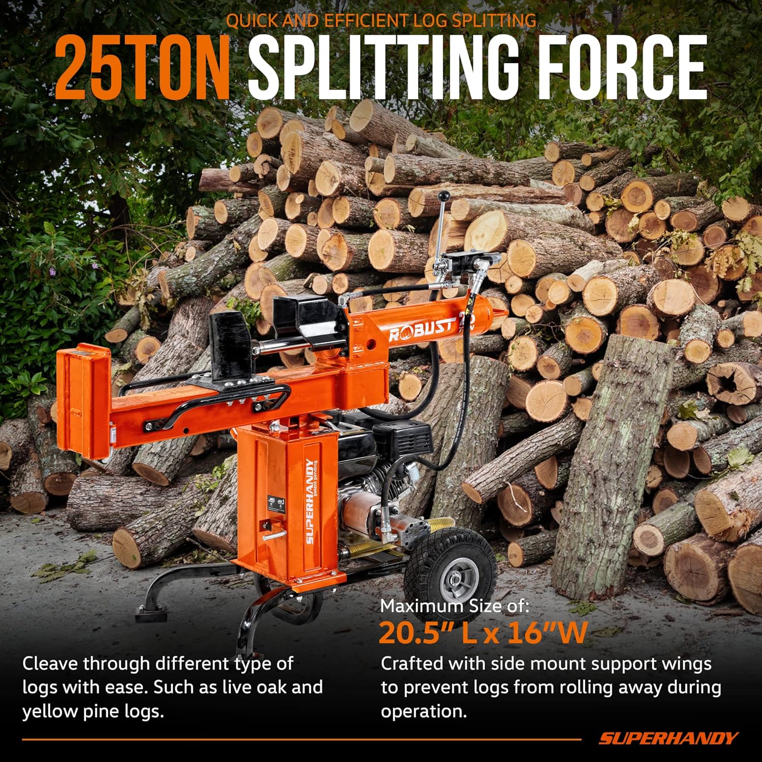 SuperHandy Horizontal Vertical 25 Ton 7HP Gas Powered Log Splitter (GU ...