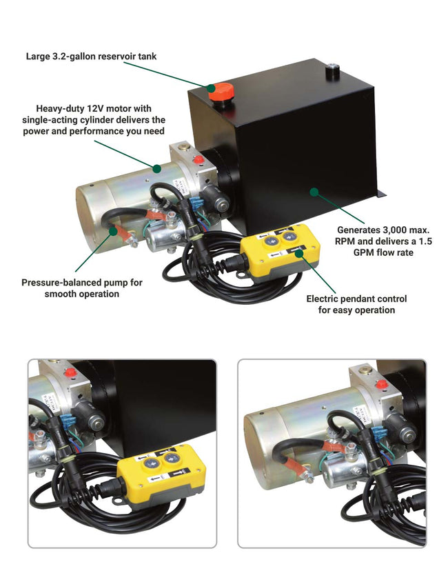 NorTrac® Dump Trailer Power Unit with 12V DC Motor — For Single-Acting Cylinder, 3.2 Gal. Reservoir (53462)