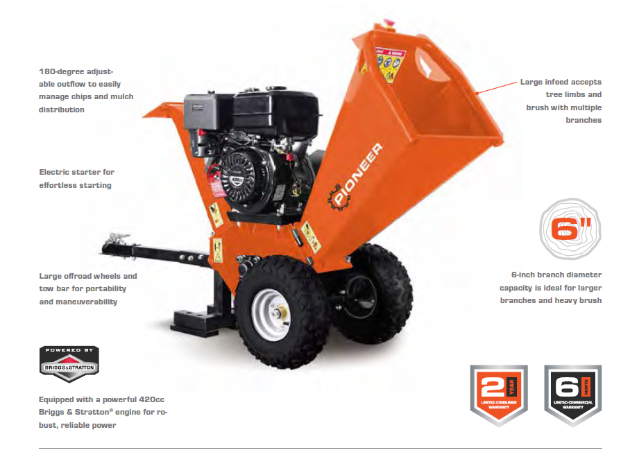 Pioneer 6-In. Gas Wood Chipper Shredder – Electric Start (G6420CH)