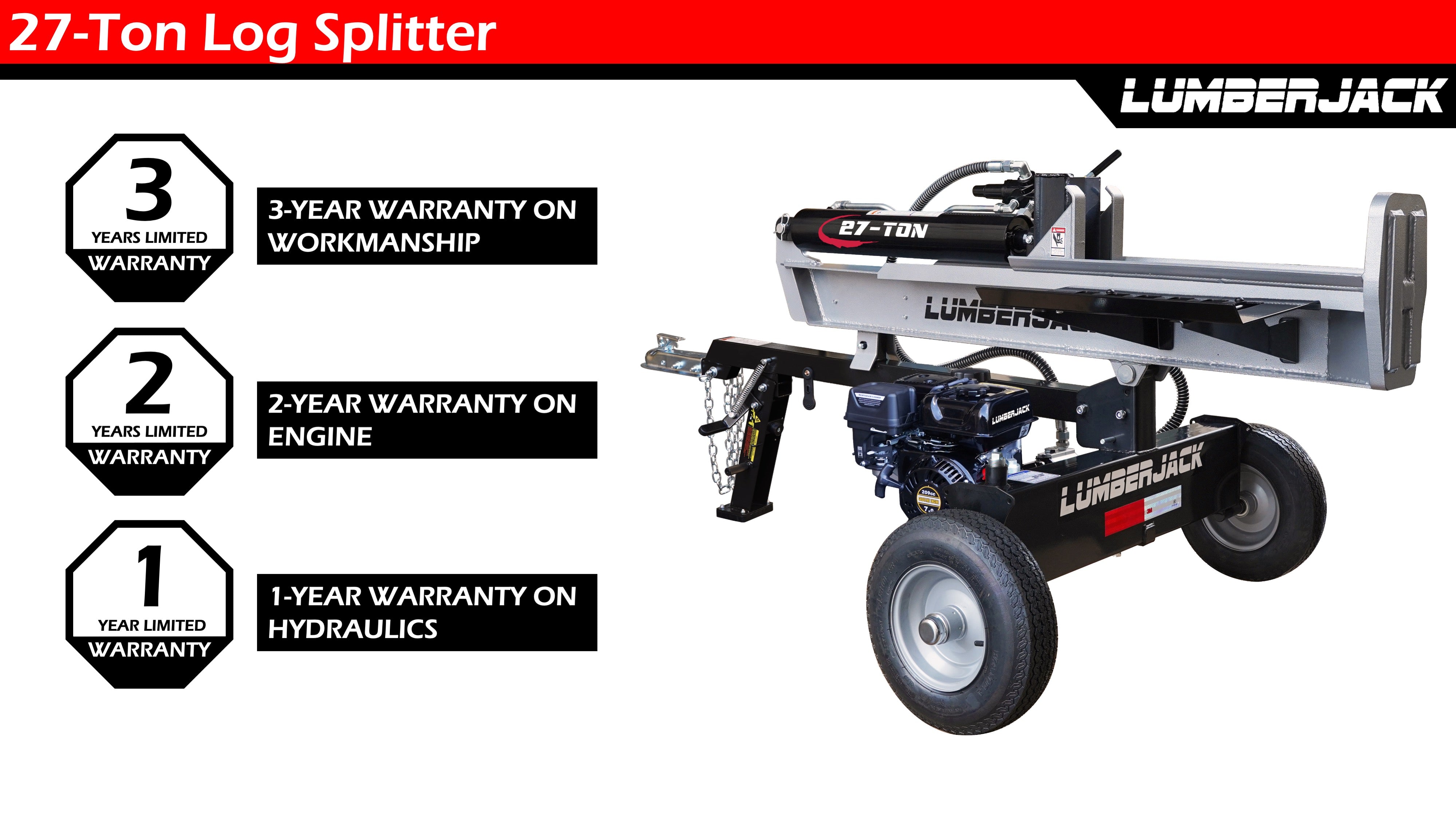 Lumber Jack 27-Ton Gas Log Splitter 208cc OHV Engine (YTL-171-190