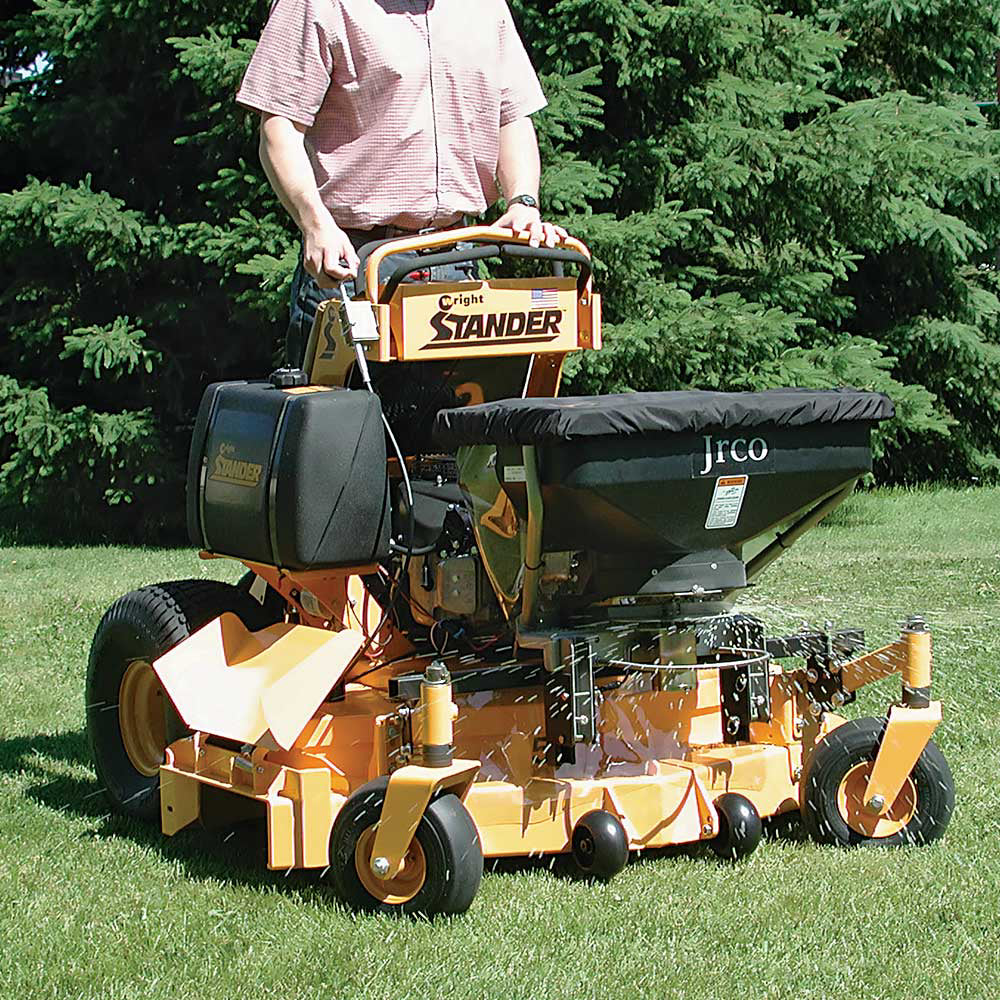 JRCO broadcast spreader with cable control for walk-behind and stand-on mowers